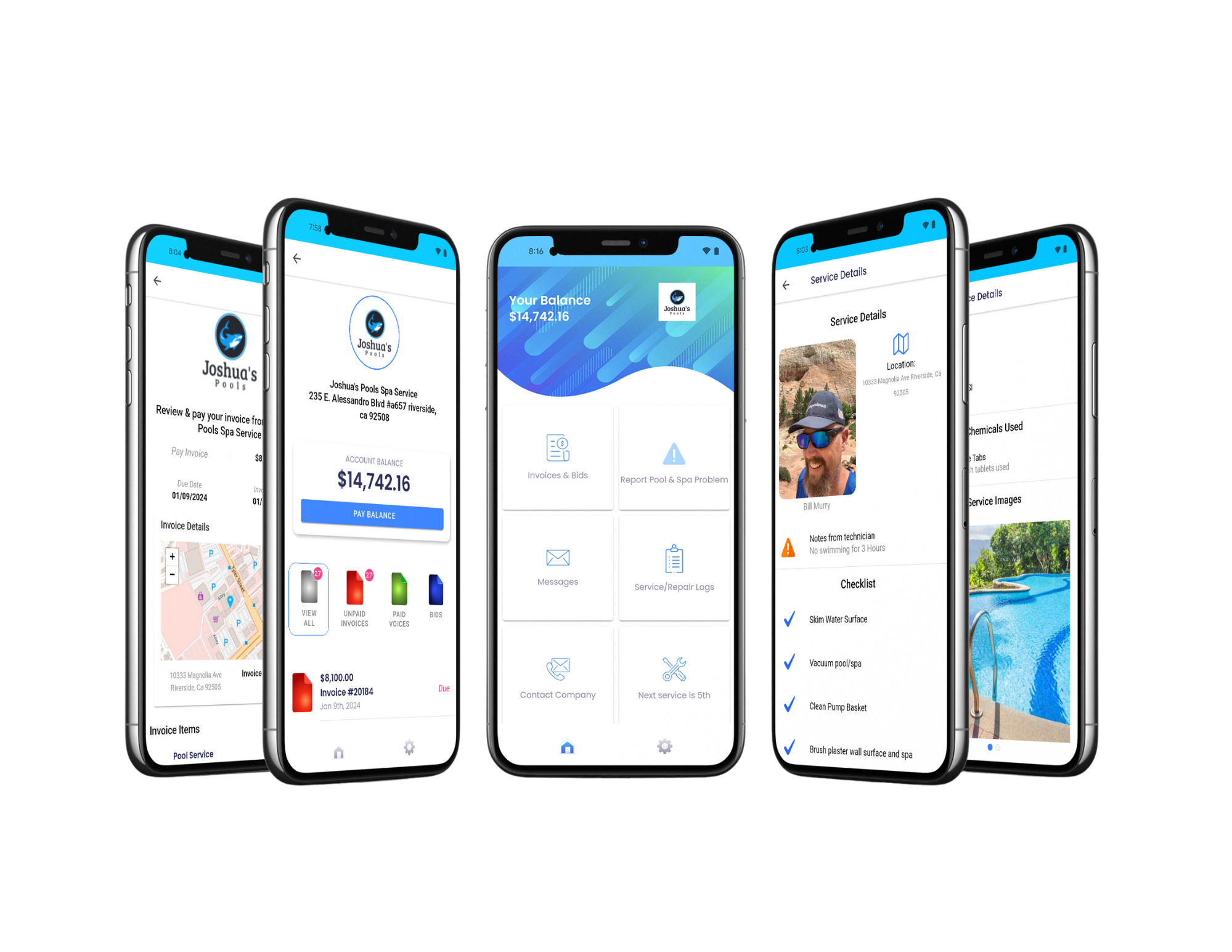 Pool Junction branded customer app screens